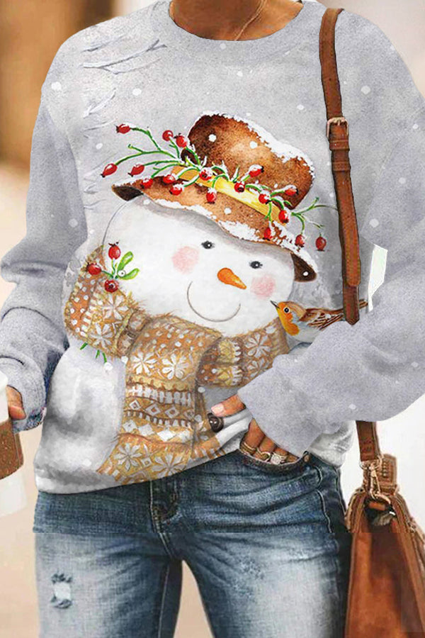 Christmas Print Round Neck Long Sleeve Pullover Sweatshirt