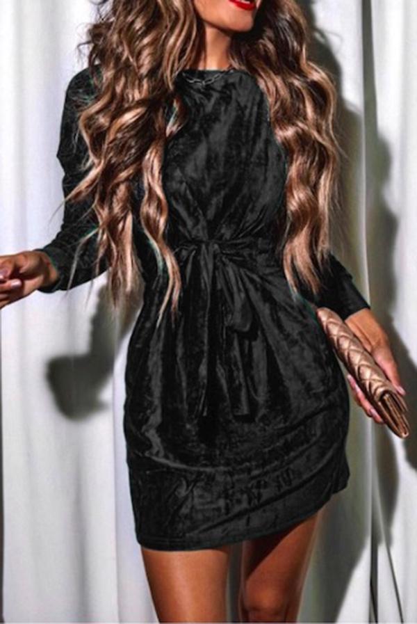 Christmas Tie Waist Velvet Round Neck Long Sleeve Mini Dress