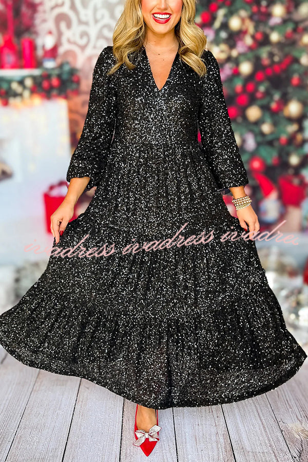 Christmas Elegant Sequin Long Sleeve V Neck Midi Dress