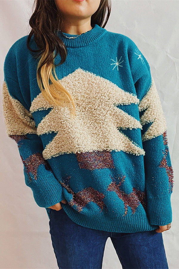 Christmas Pattern Knitted Crew Neck Long Sleeved Sweater