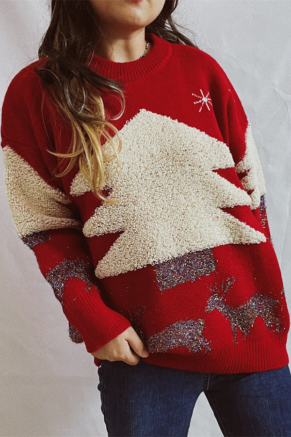 Christmas Pattern Knitted Crew Neck Long Sleeved Sweater