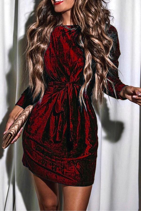 Christmas Tie Waist Velvet Round Neck Long Sleeve Mini Dress