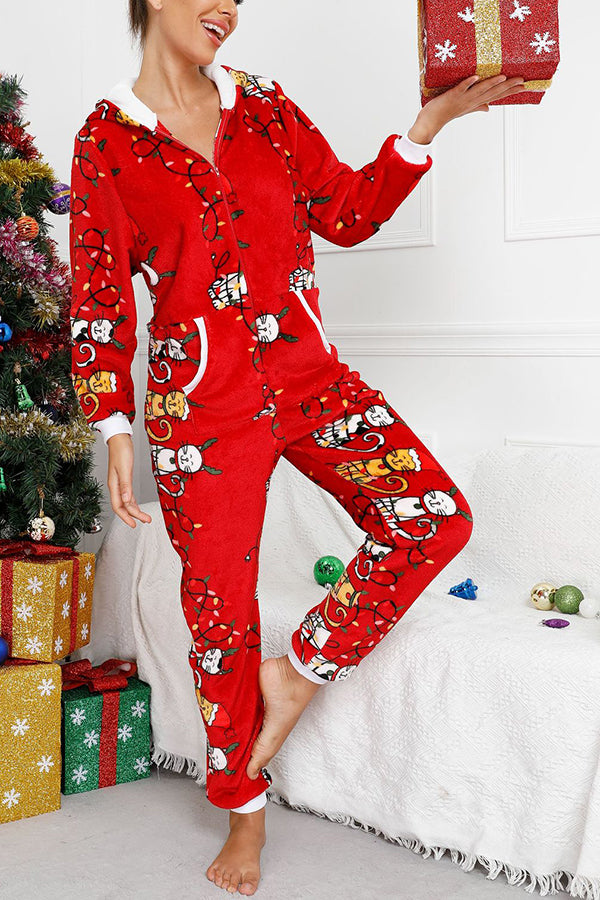 Festive Flavors Printed FlannelZipper Pocket Hooded Pajama Jumpsuit