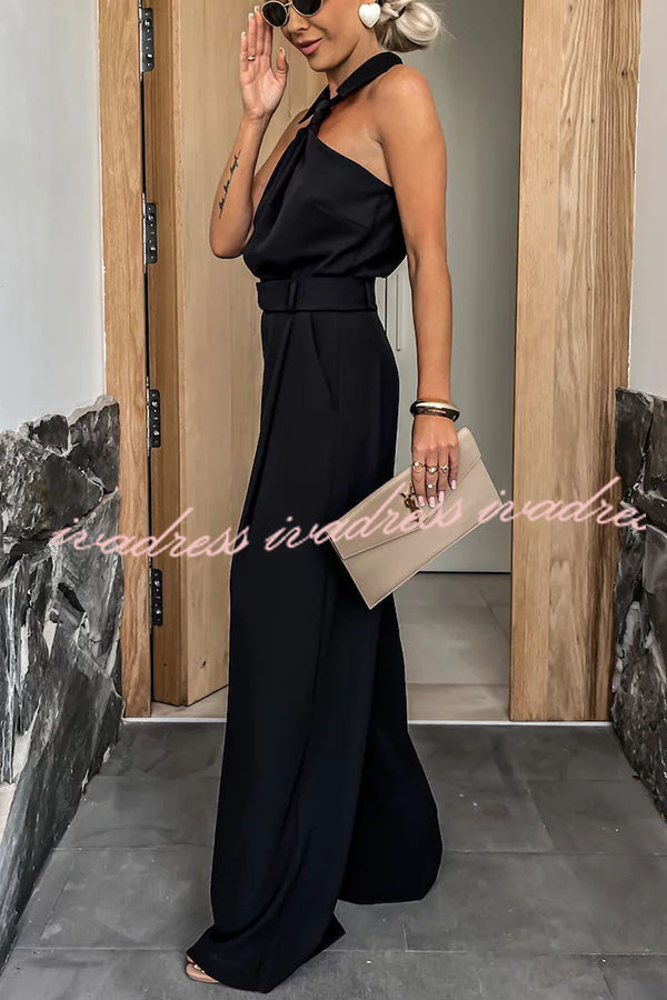 Fashionable Unique Look Halter Shirt Collar Pocketed Wide Leg Jumpsuit