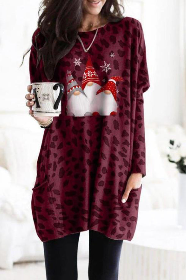 Long Sleeve Pocket Leopard Christmas Print Mini Dress