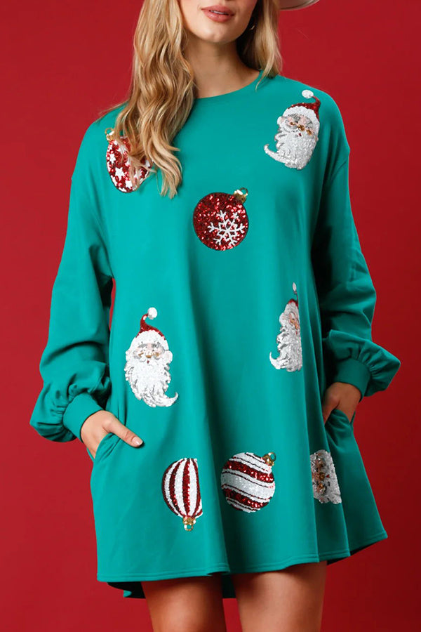 Santa Sequin Pullover Long Sleeve Pocket Mini Dress