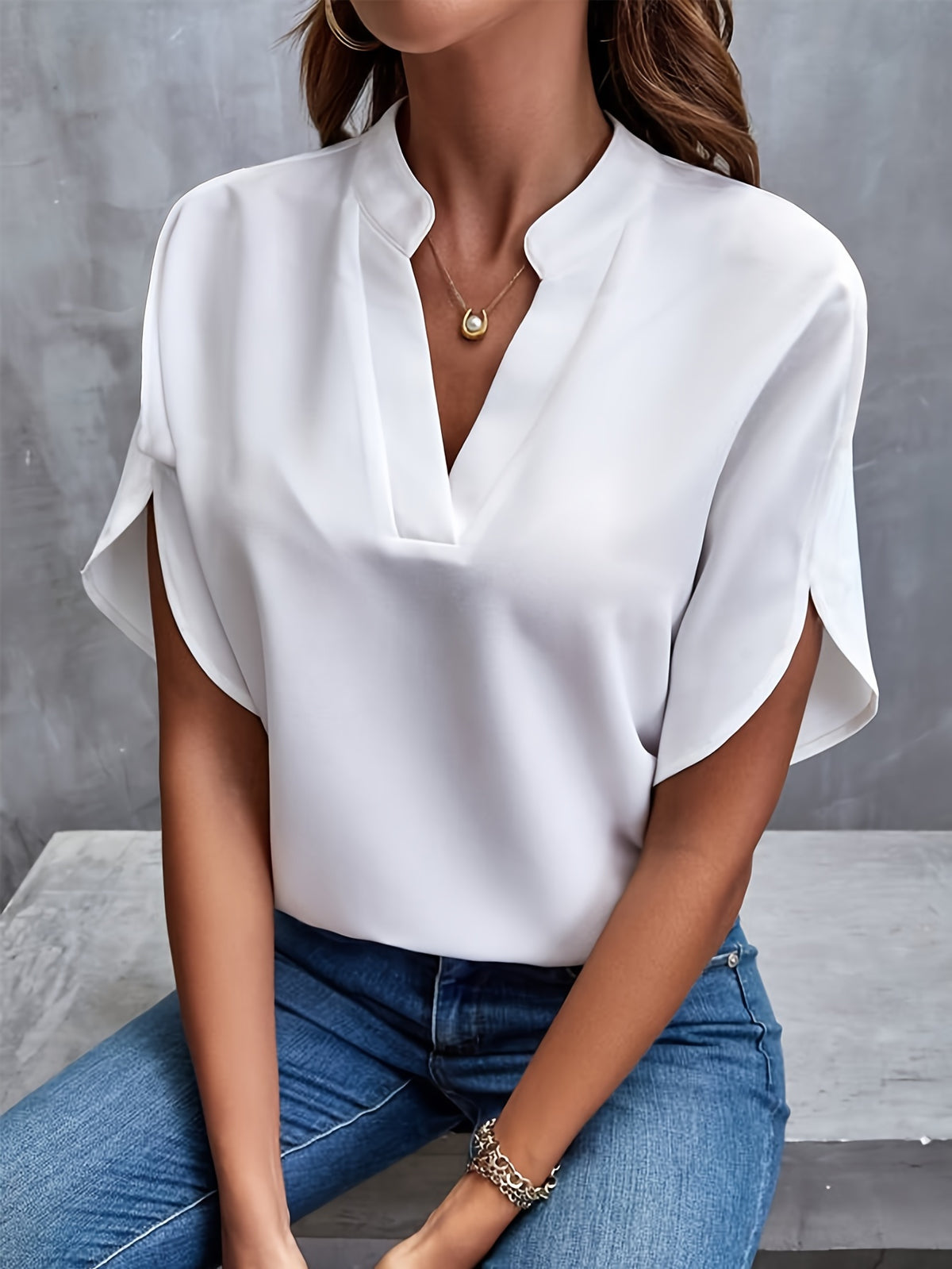 Short Split Sleeve Solid Color Notch Neck Blouse