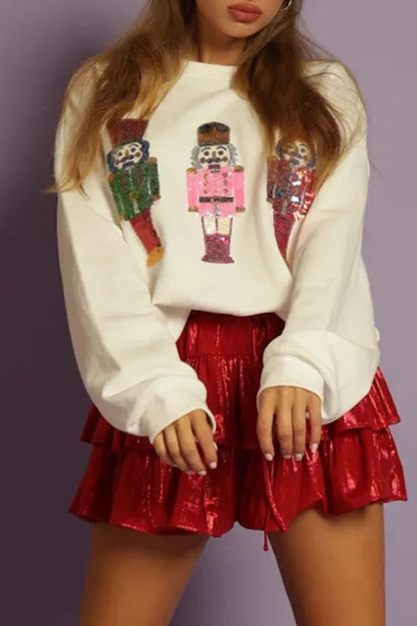 Nutcracker Sequin Round Neck Long Sleeve Sweatshirt