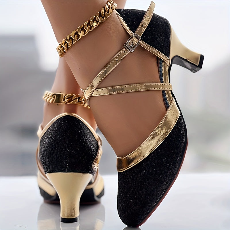 Crisscross Buckle Strap Chunky Mid Heels Glitter D'Orsay Shoes