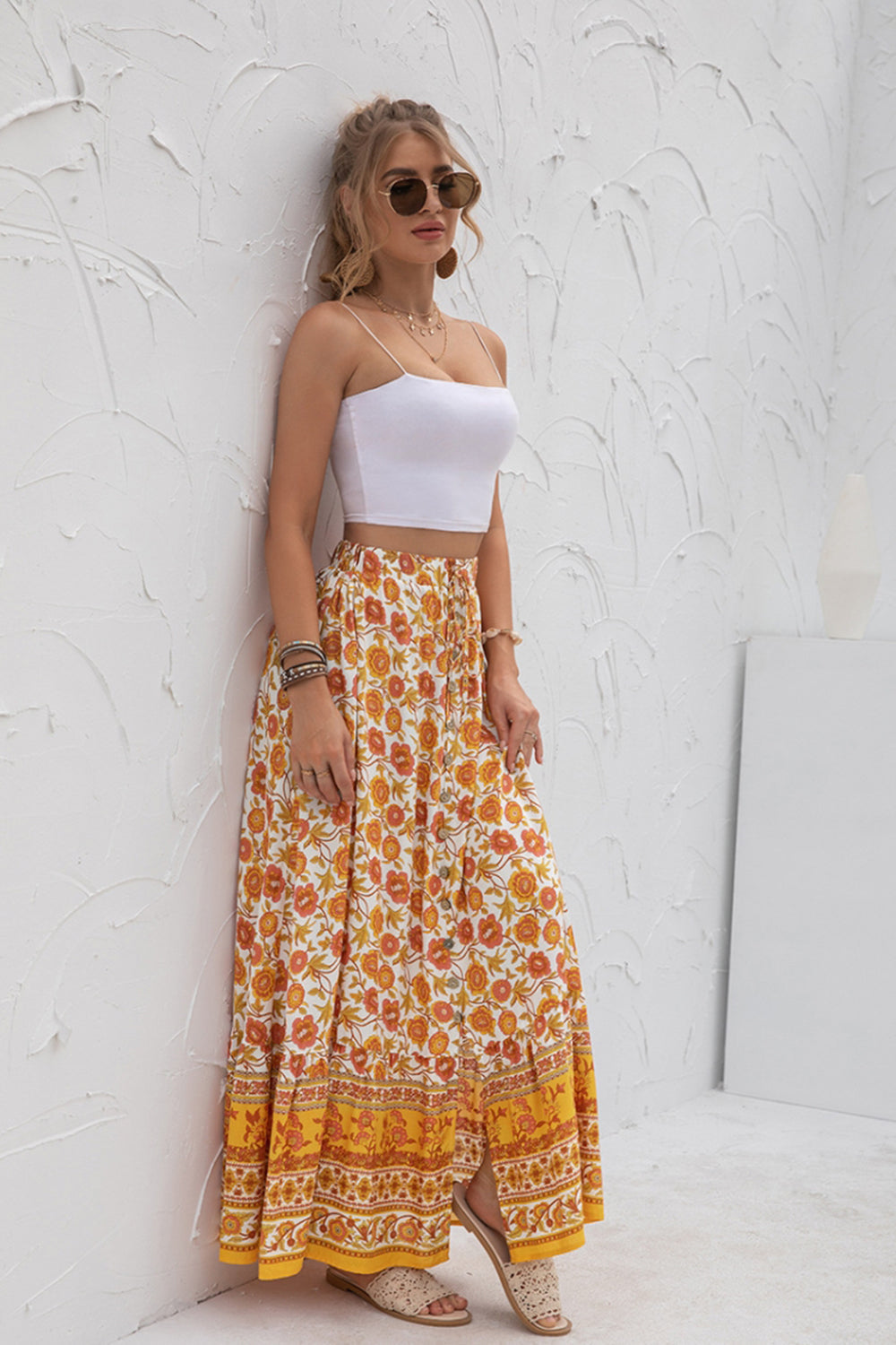 High-Waist Printed Button-Up Slit Skirt