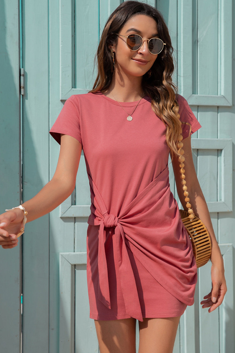 Round Neck Knotted Short Sleeve Dress