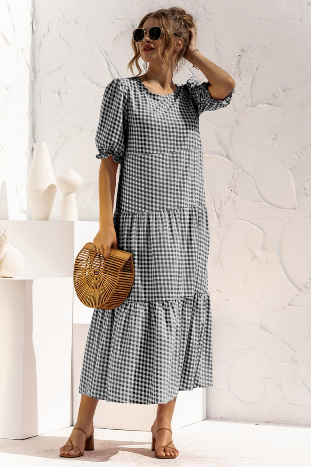 Puff Sleeve Polka Dot Plaid Patchwork Long Dress