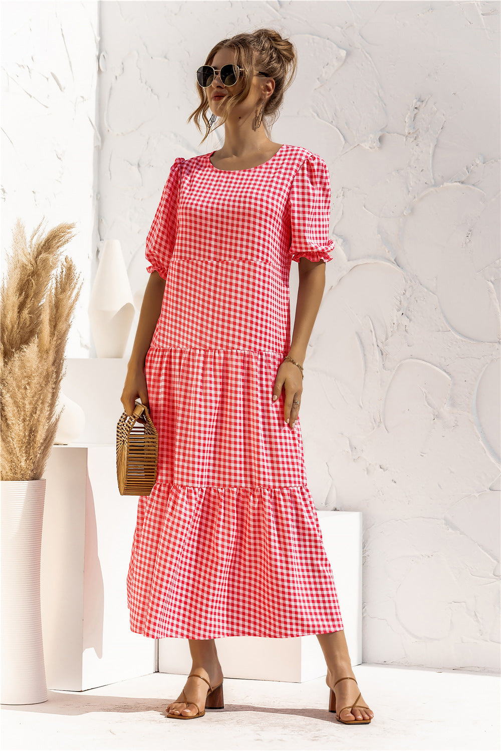 Puff Sleeve Polka Dot Plaid Patchwork Long Dress