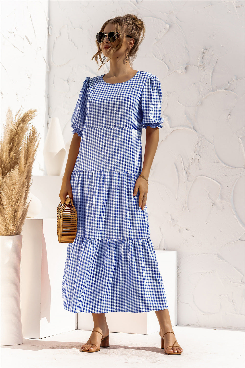 Puff Sleeve Polka Dot Plaid Patchwork Long Dress