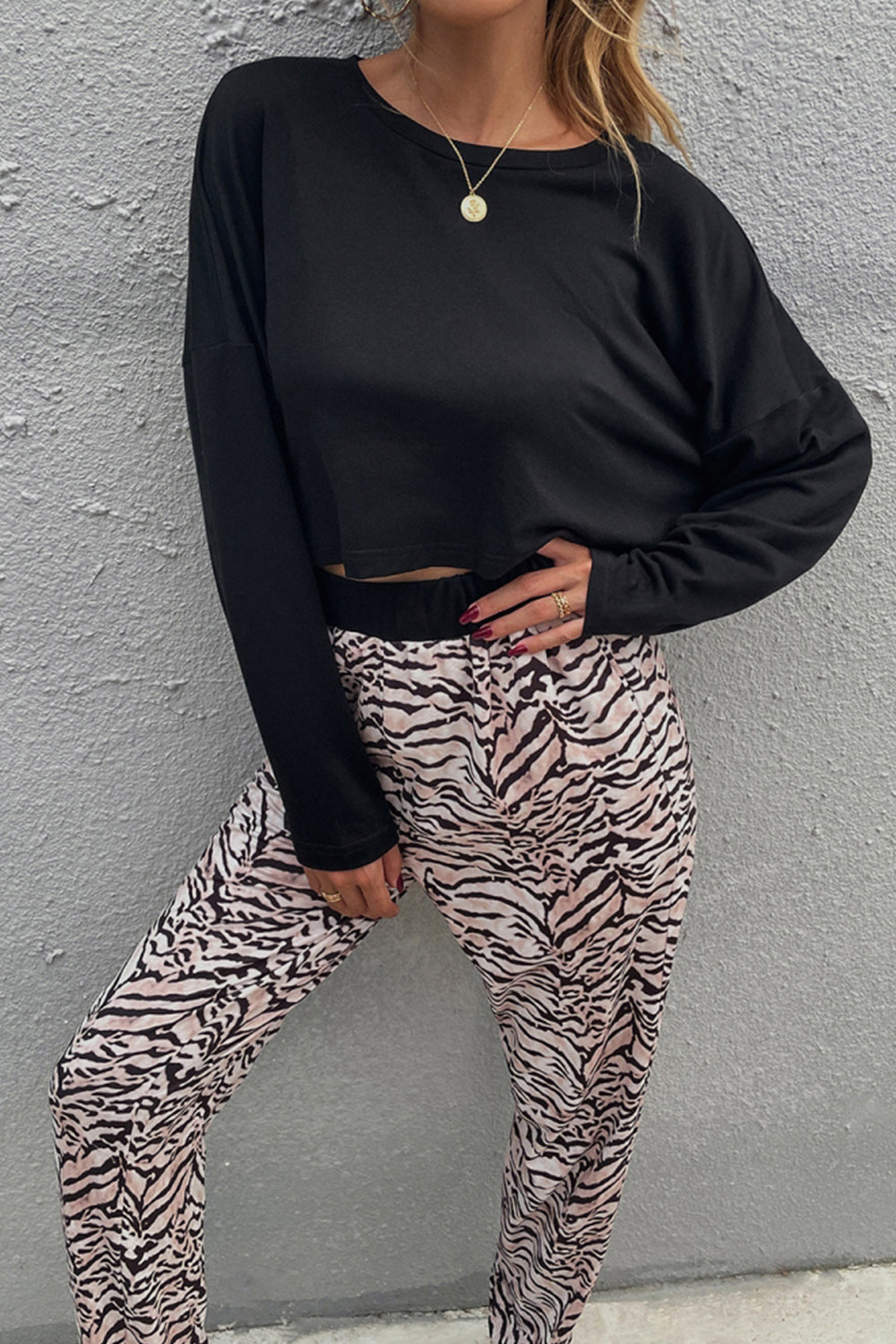 Round Neck T-Shirt Leopard Stripe Trousers Tracksuit