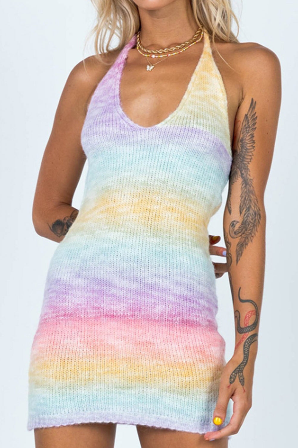 Open Back Rainbow Knit Halter Dress