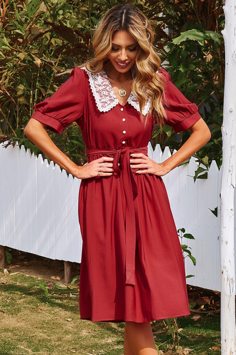 Solid Color Elastic Waist Midi Dress