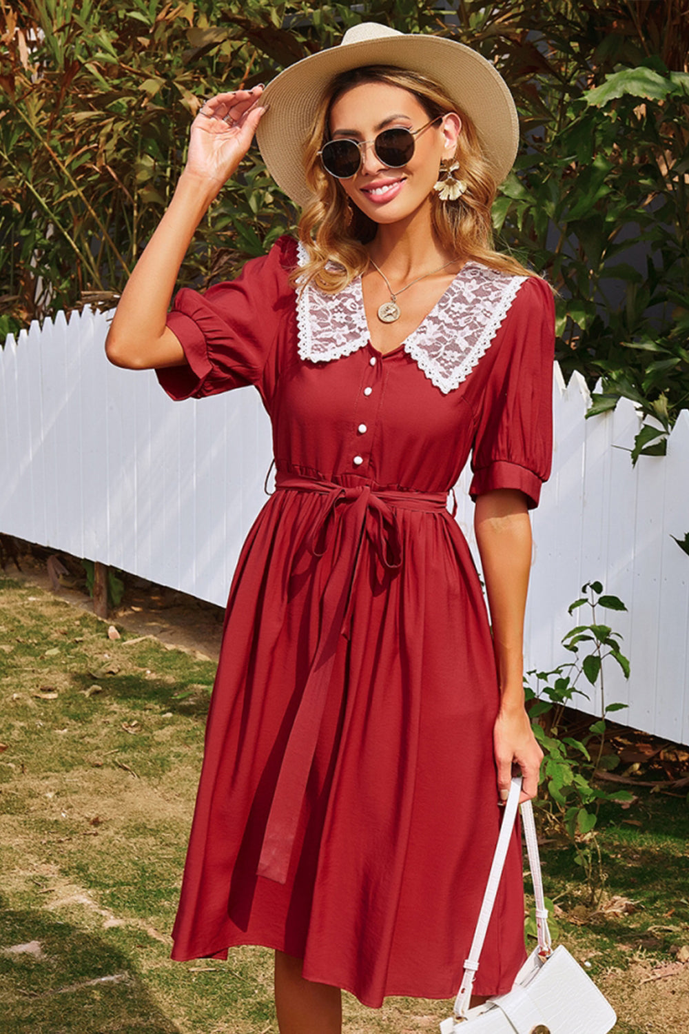 Solid Color Elastic Waist Midi Dress