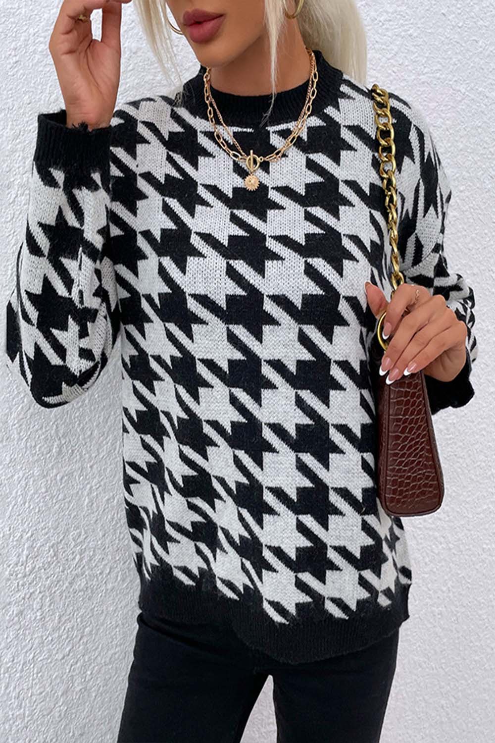 Houndstooth Round Neck Sweater