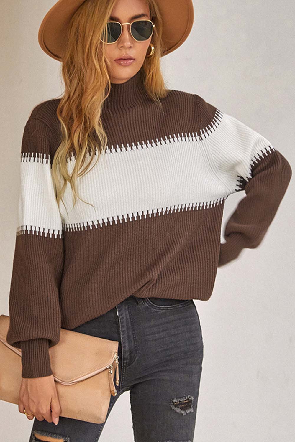 Contrast Turtleneck Lantern Sleeve Pullover