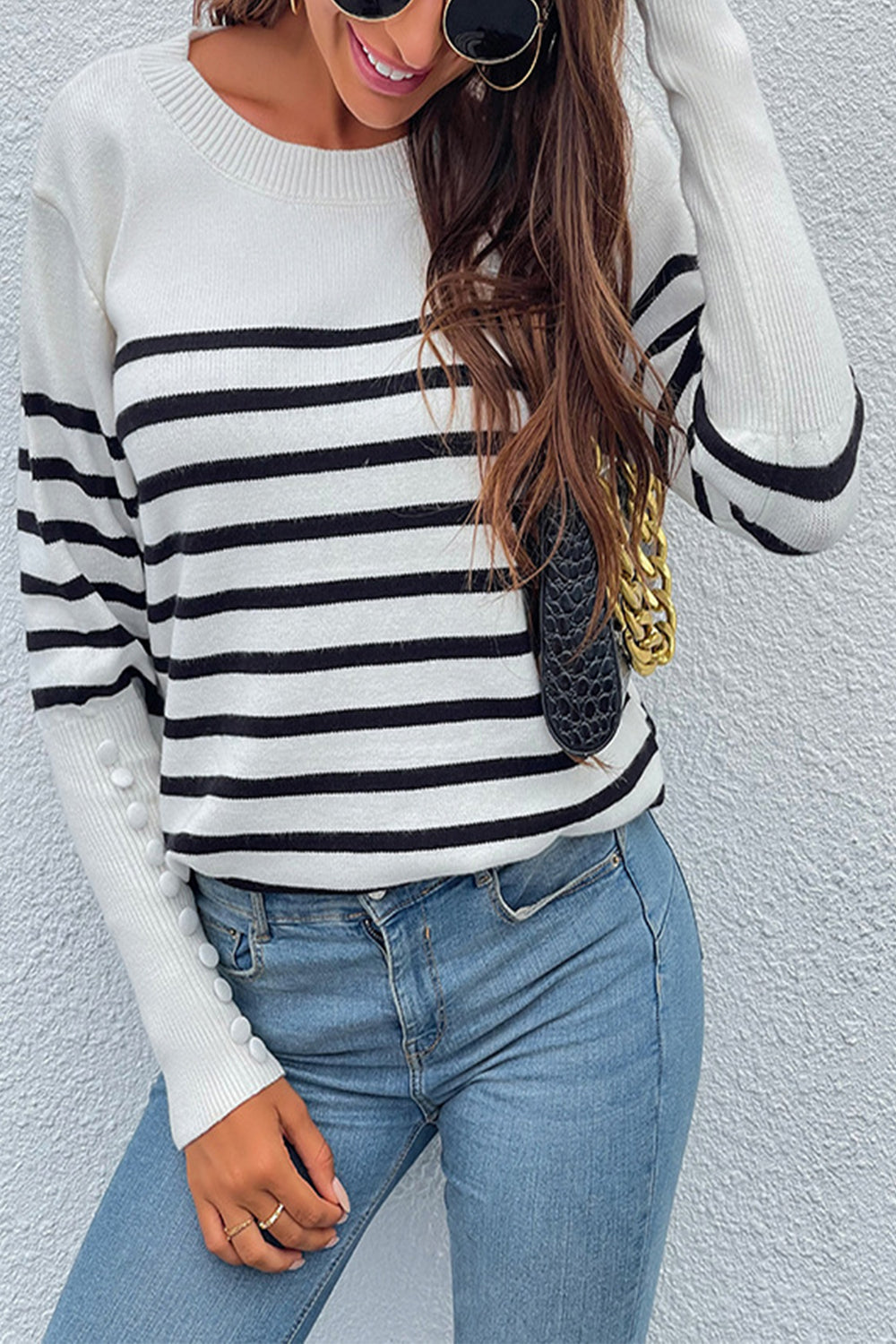 Button Contrast Striped Sweater