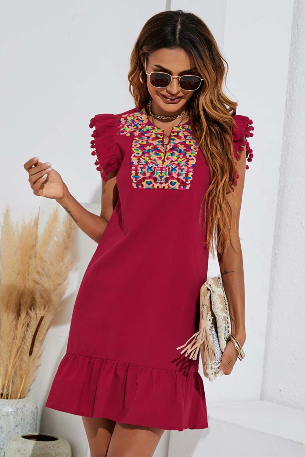 Solid Color Embroidered Dress