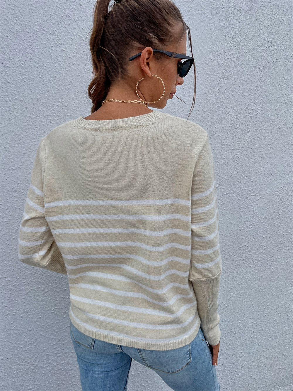 Button Striped Plus Size Bottoming Sweater