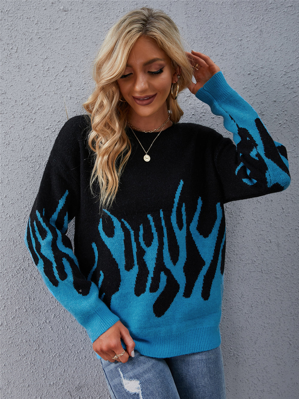 Knitted Round Neck Printed Sweater