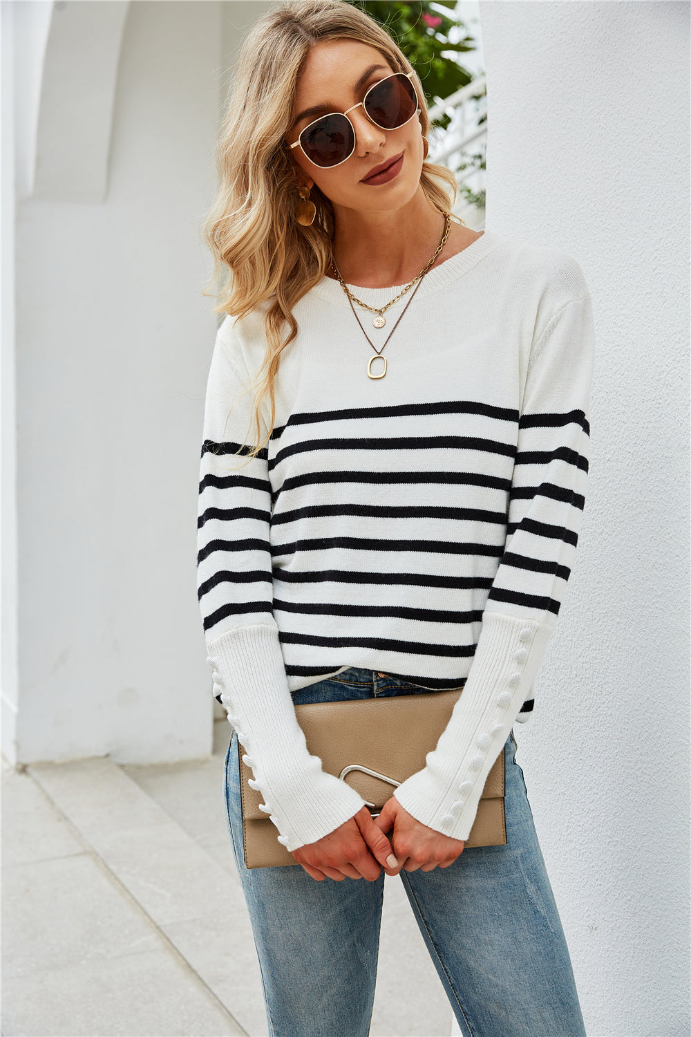 Button Striped Plus Size Bottoming Sweater