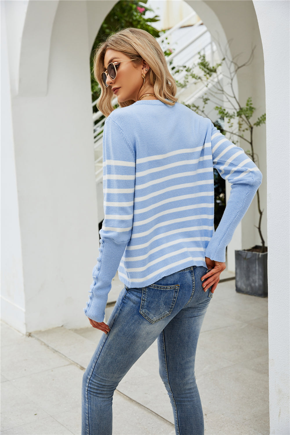 Button Striped Plus Size Bottoming Sweater