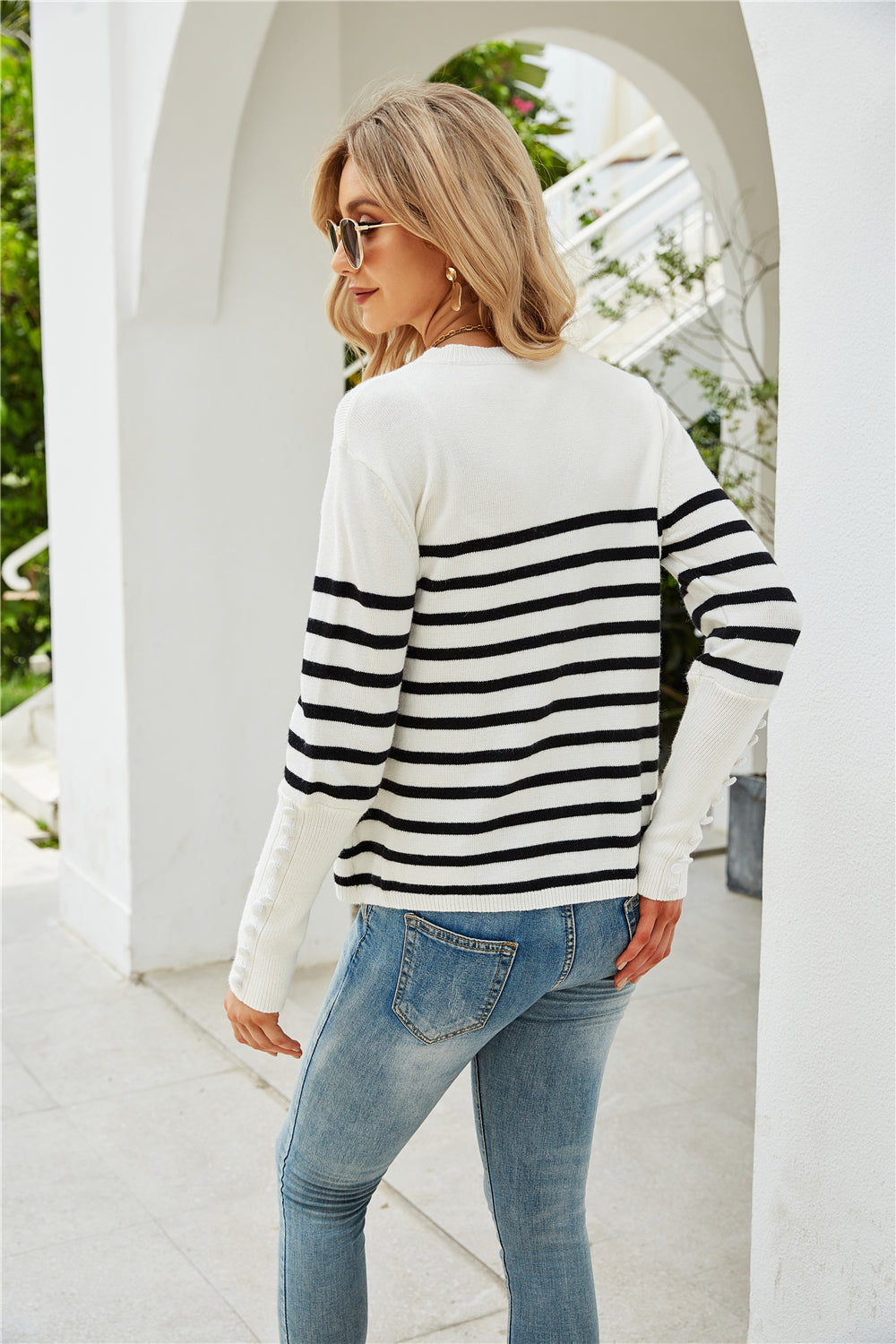 Button Striped Plus Size Bottoming Sweater