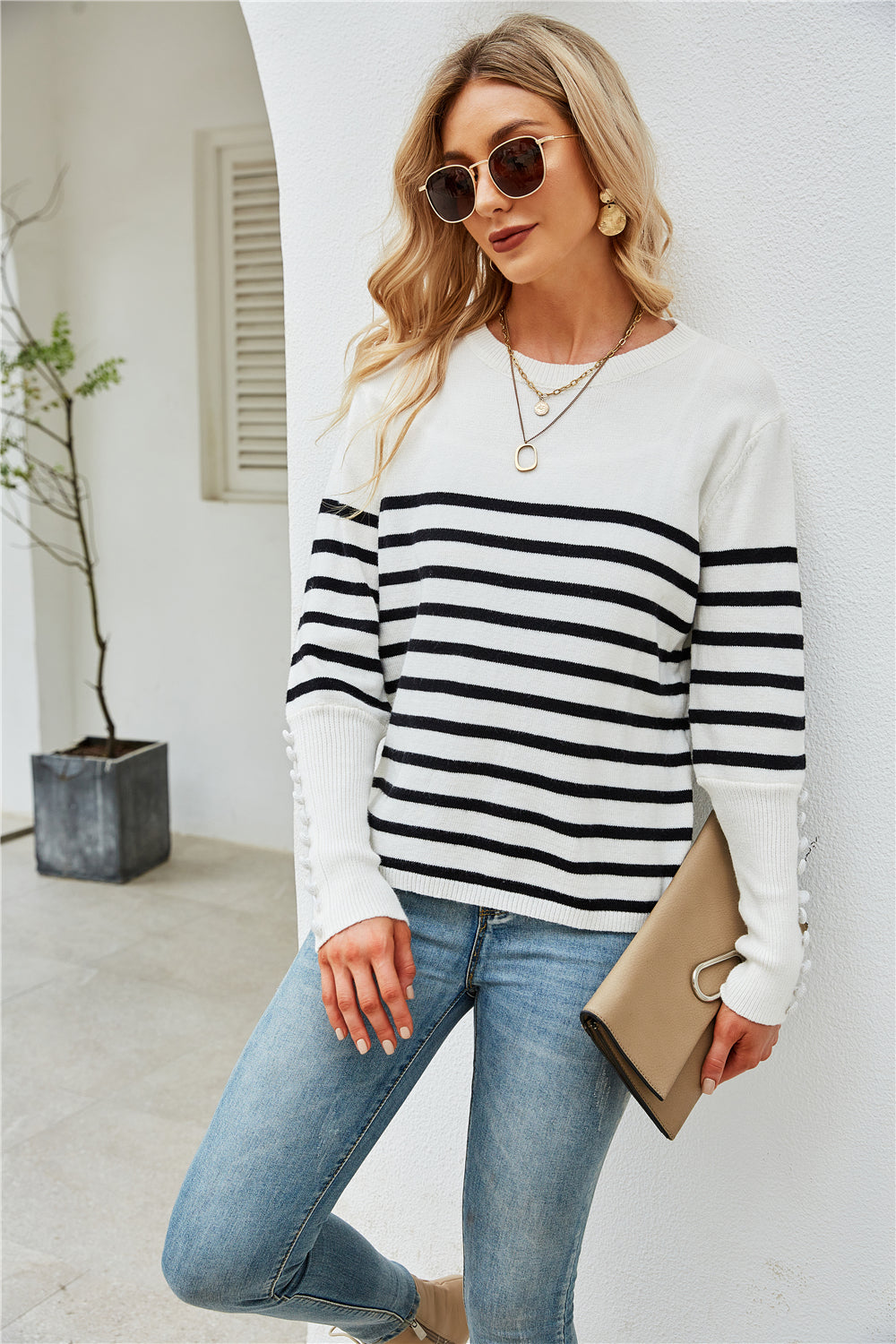 Button Striped Plus Size Bottoming Sweater