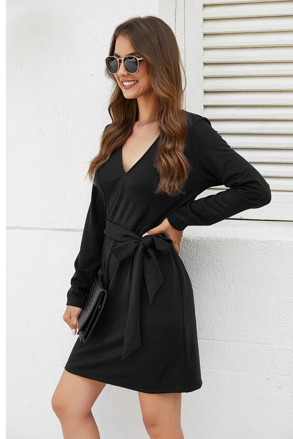 Solid Color V-neck Belt Straight Dress