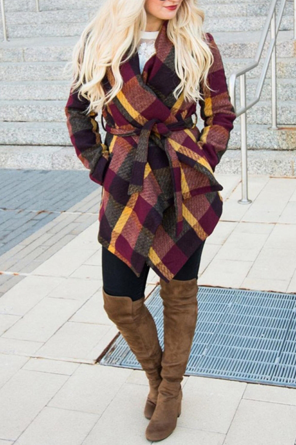 Tweed Belt Plaid Coat