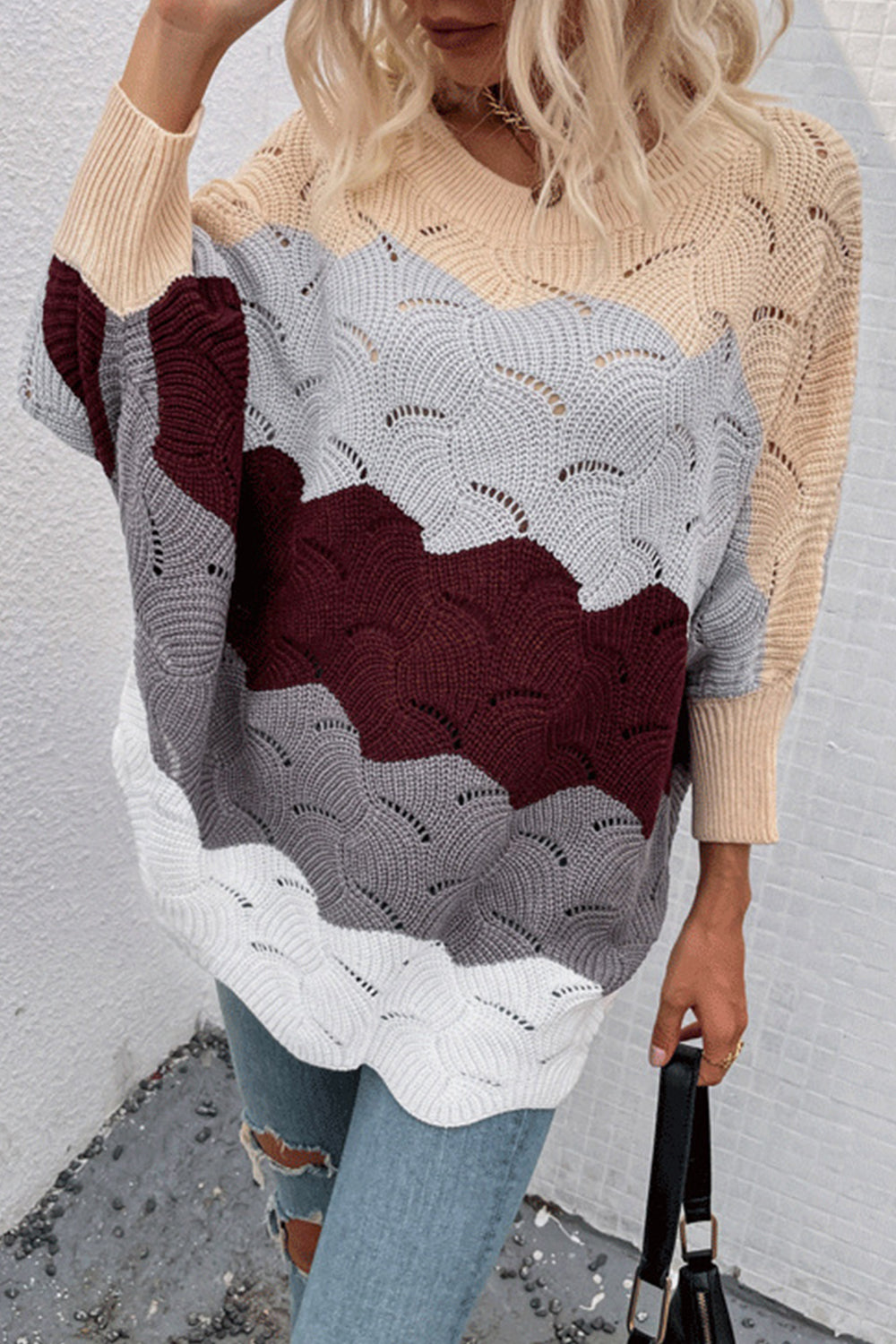 Bat Sleeve Contrast Hollow Knit Sweater