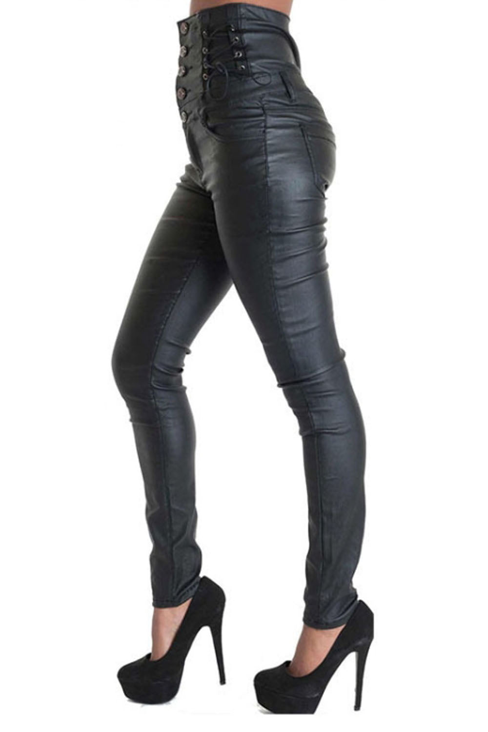 Leather High Waistband Buckle Pants