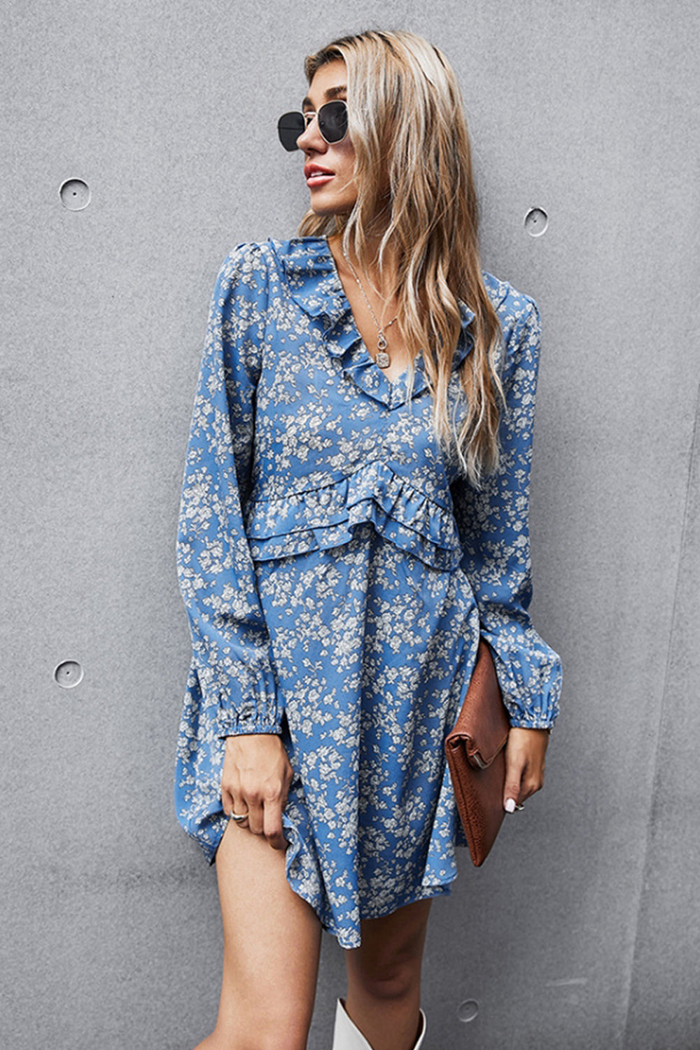 French V-neck Print Floral Dress