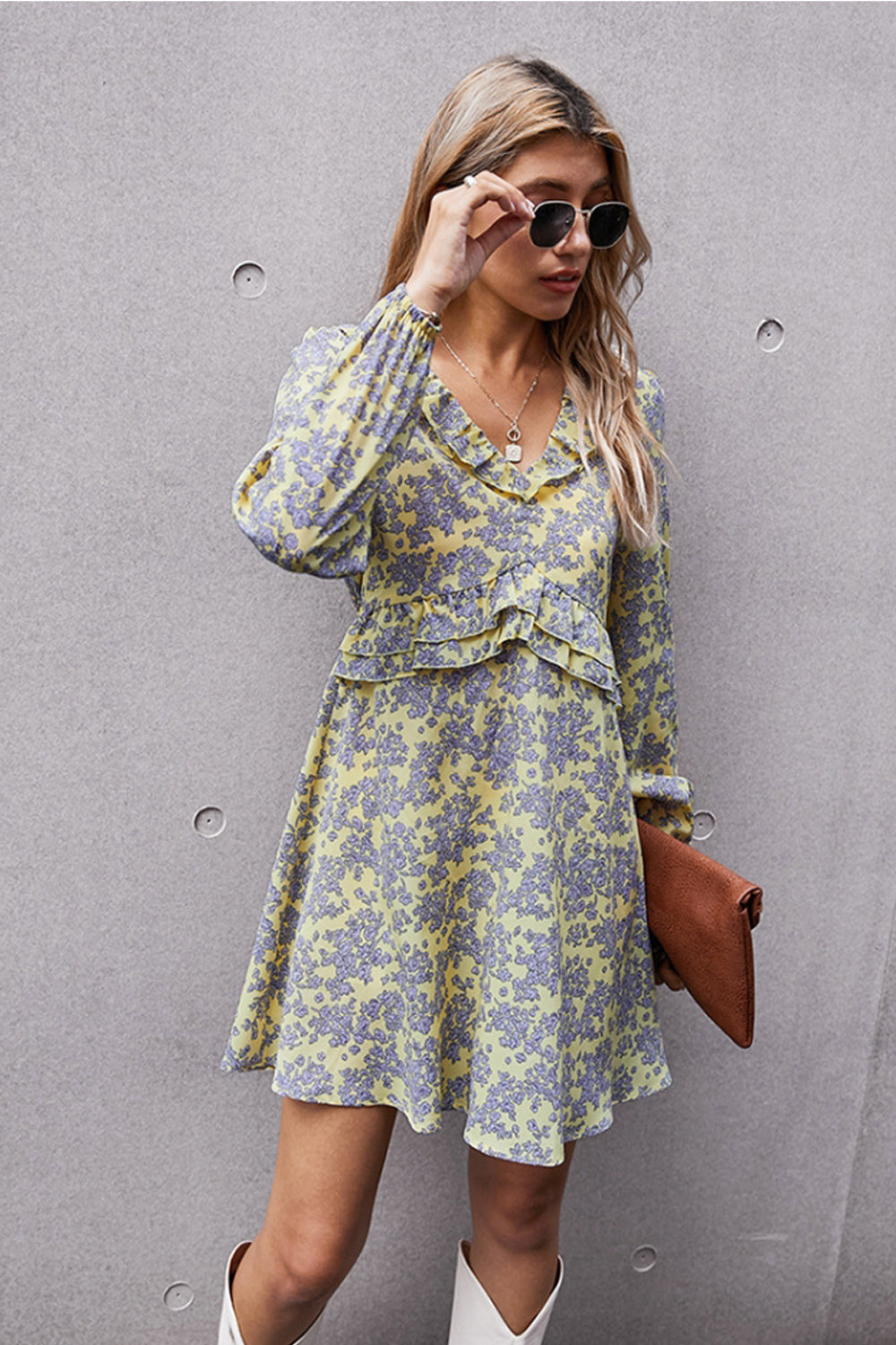 French V-neck Print Floral Dress