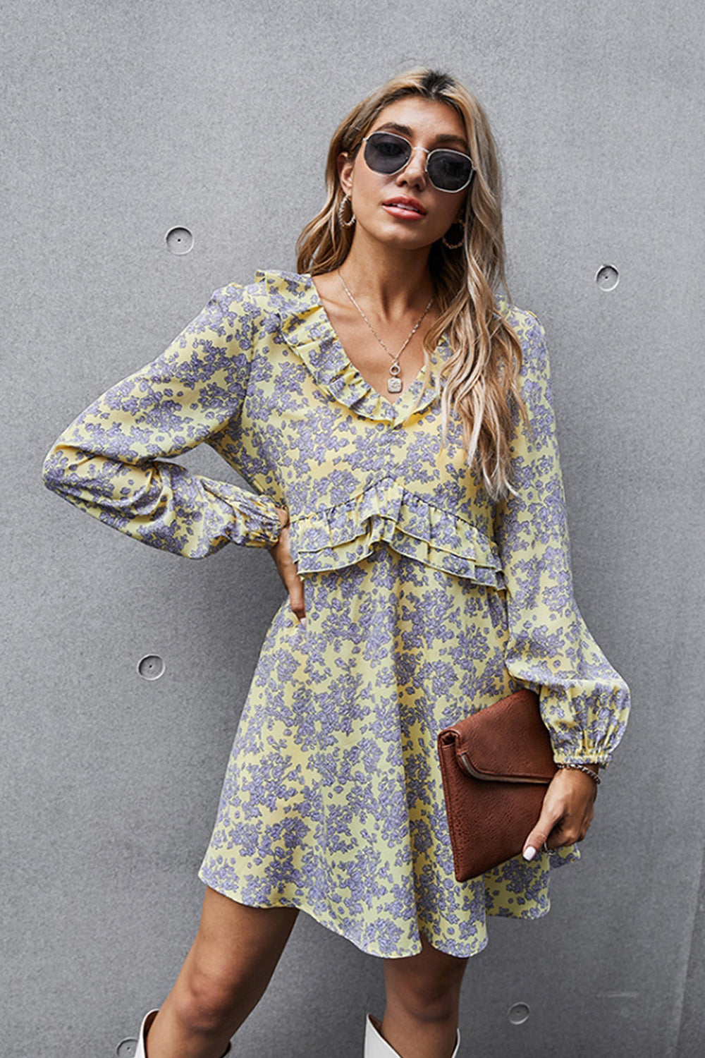 French V-neck Print Floral Dress