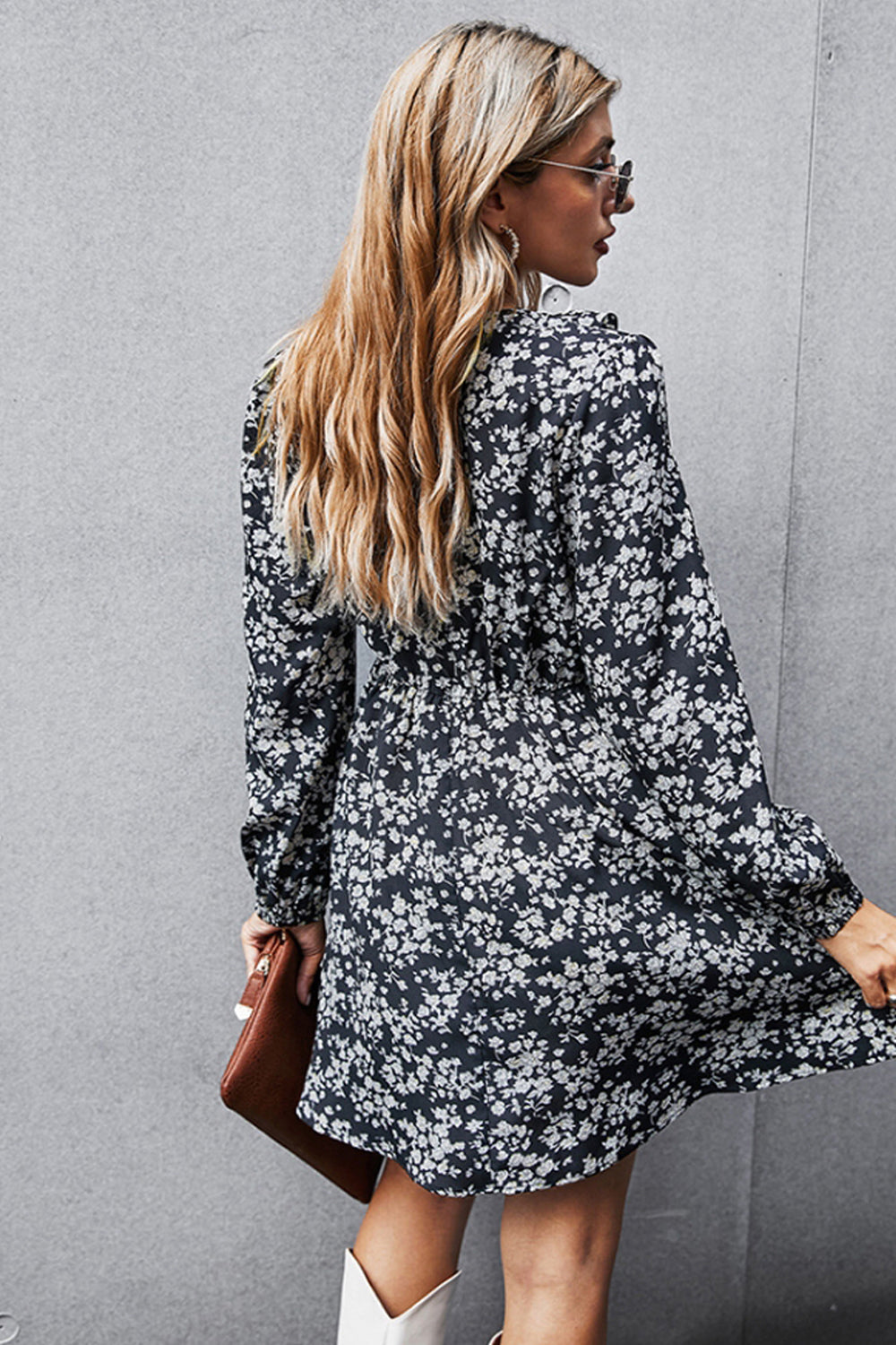 French V-neck Print Floral Dress