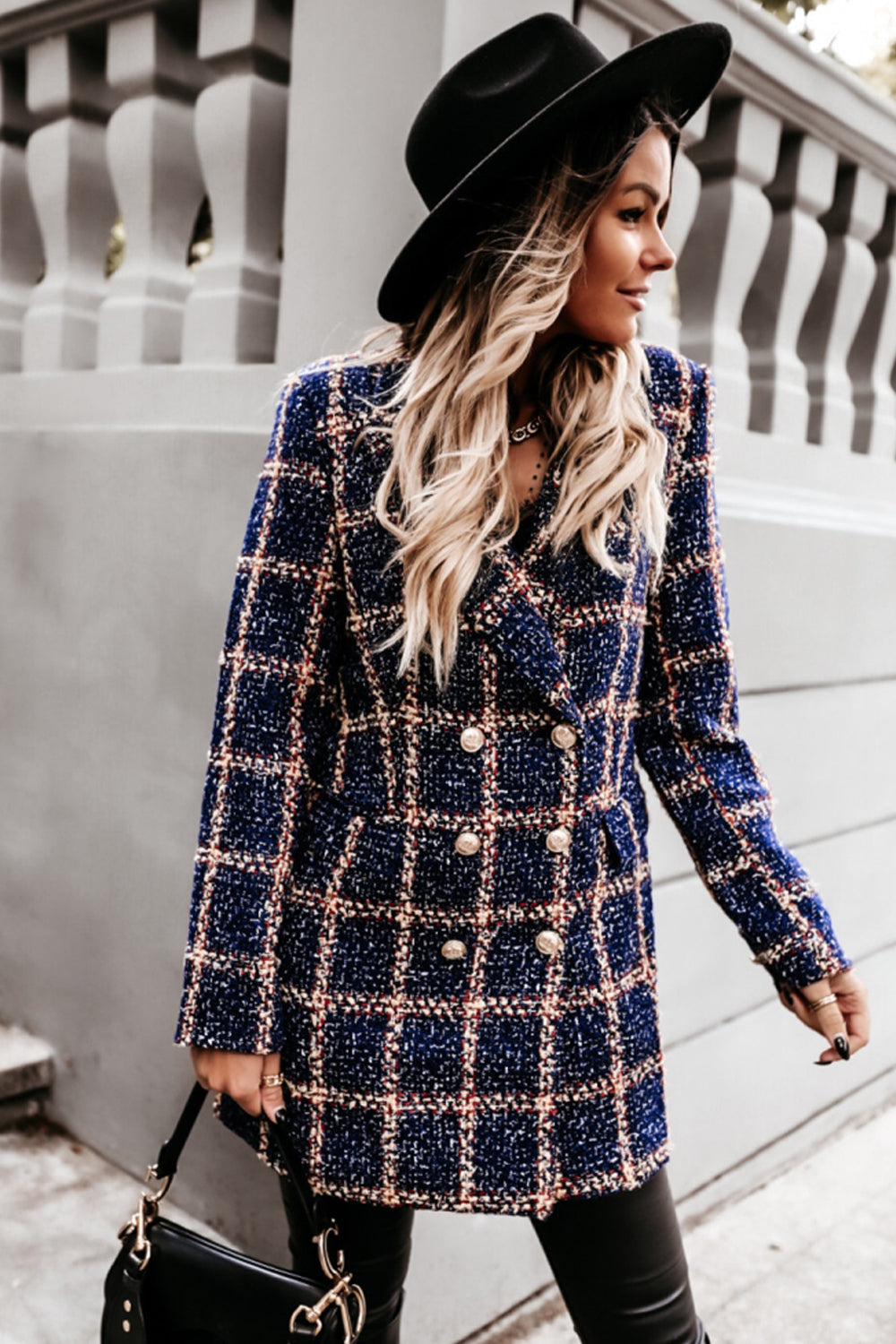 Woolen Print Lapel Mid-Length Coat