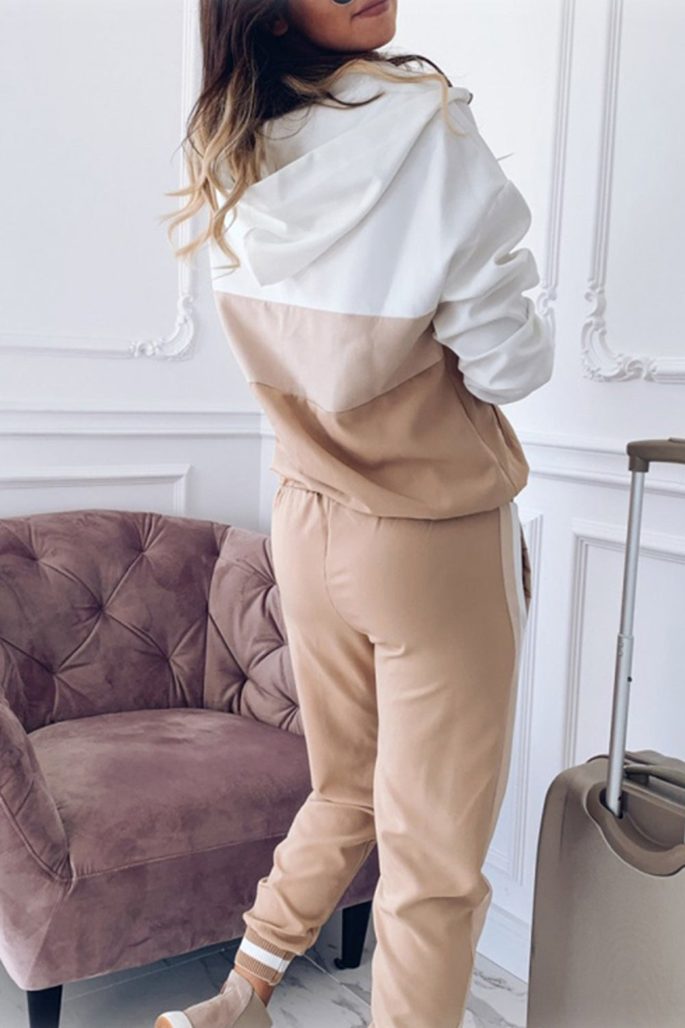 Patchwork Hooded Long-Sleeved Pants Set