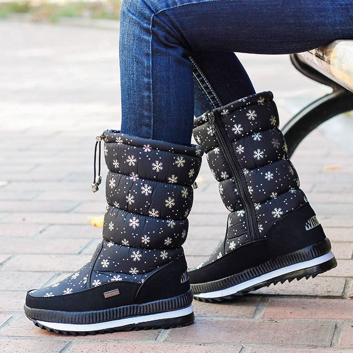 Snow Print Waterproof Down Mid-calf Cotton Boots