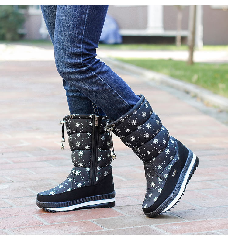 Snow Print Waterproof Down Mid-calf Cotton Boots