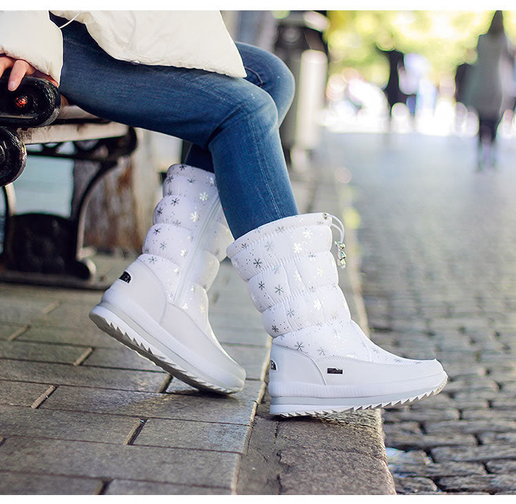 Botas de algodão com estampa de neve à prova d'água até o meio da panturrilha