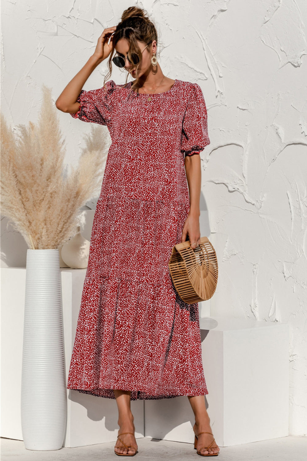 Puff Sleeve Polka Dot Plaid Patchwork Long Dress