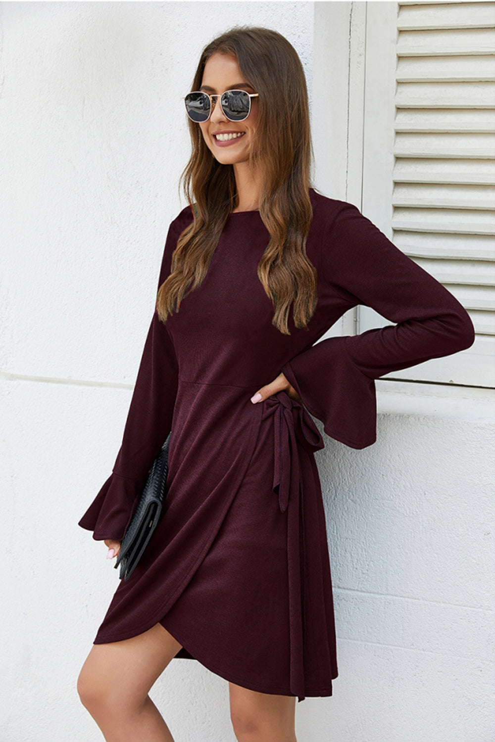 Knitted Drawstring Solid Color Dress