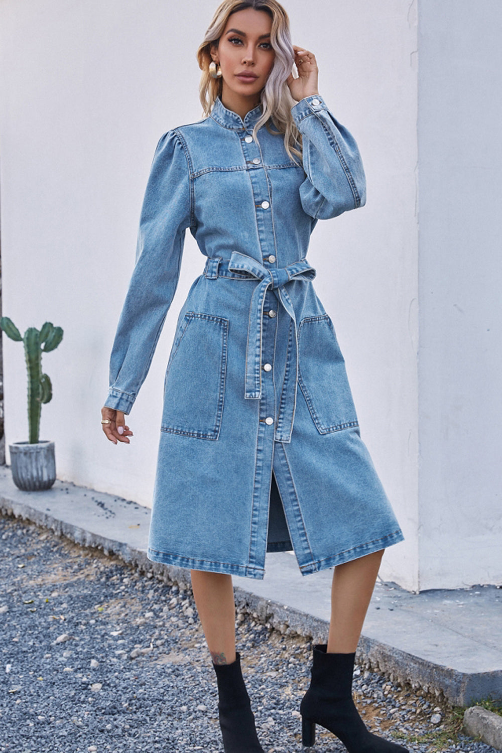 Denim Waist Long Sleeve Dress