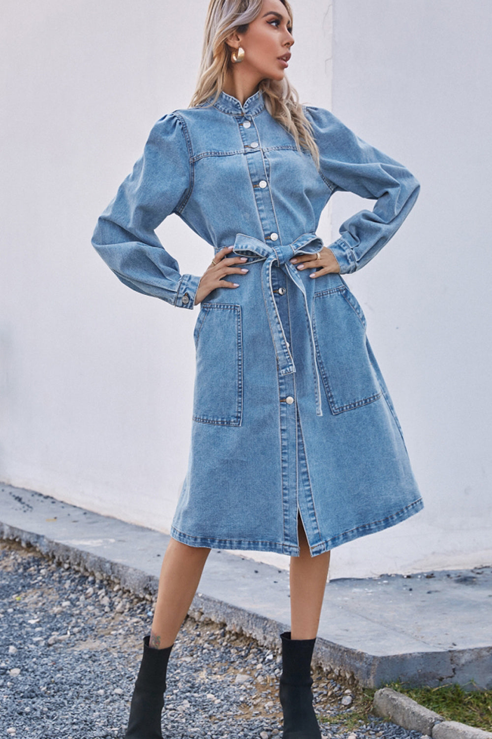 Denim Waist Long Sleeve Dress