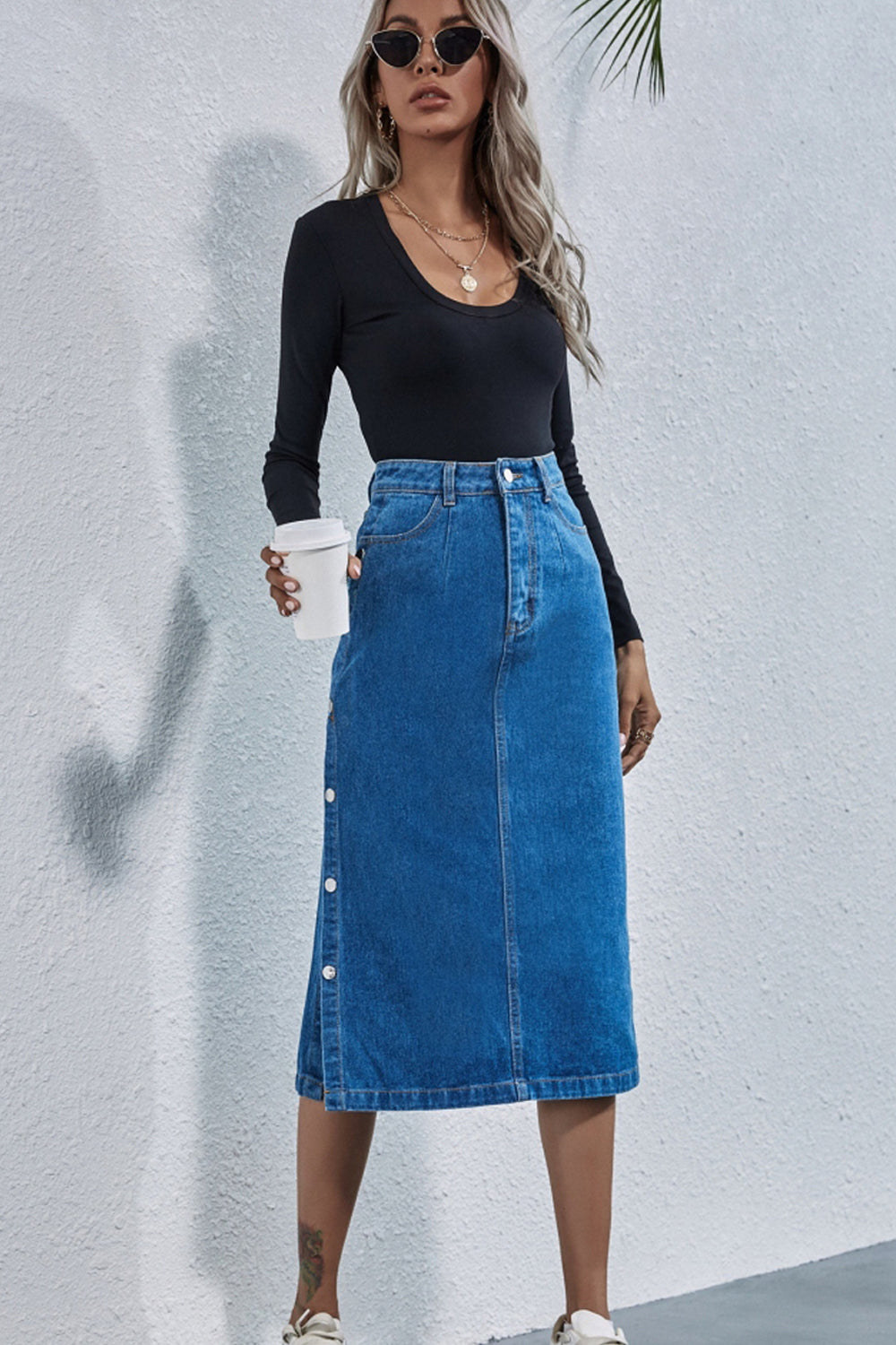 High Waist Denim Button Slit Skirt